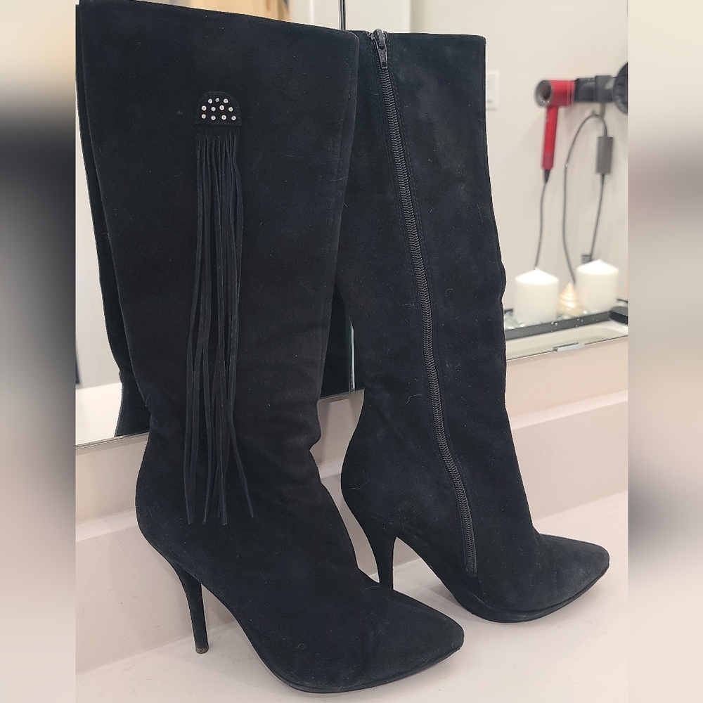 Braska Pointed Toe Black Knee High Suede boots with fringes eur 37 Festival